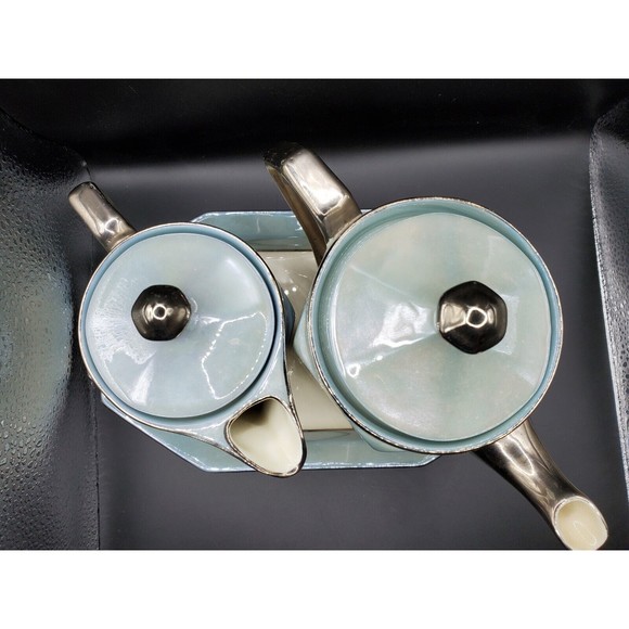 Vintage Beyer & Boch Ceramic Tea Pot Creamer Set W/ Tray Blue Silver Iridescent - Picture 4 of 10